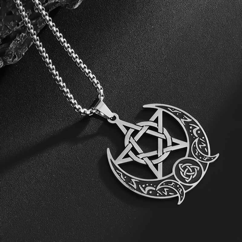 Vintage Mystery Stainless Steel Celtic Pentagram Moon Pendant Necklace